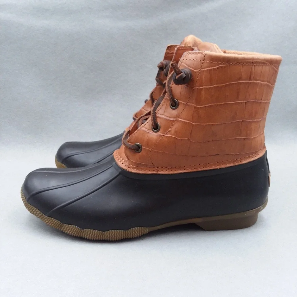 Sperry Saltwater Croc Embossed Duck‎ Boots Women's 10 Brown Leather Waterproof